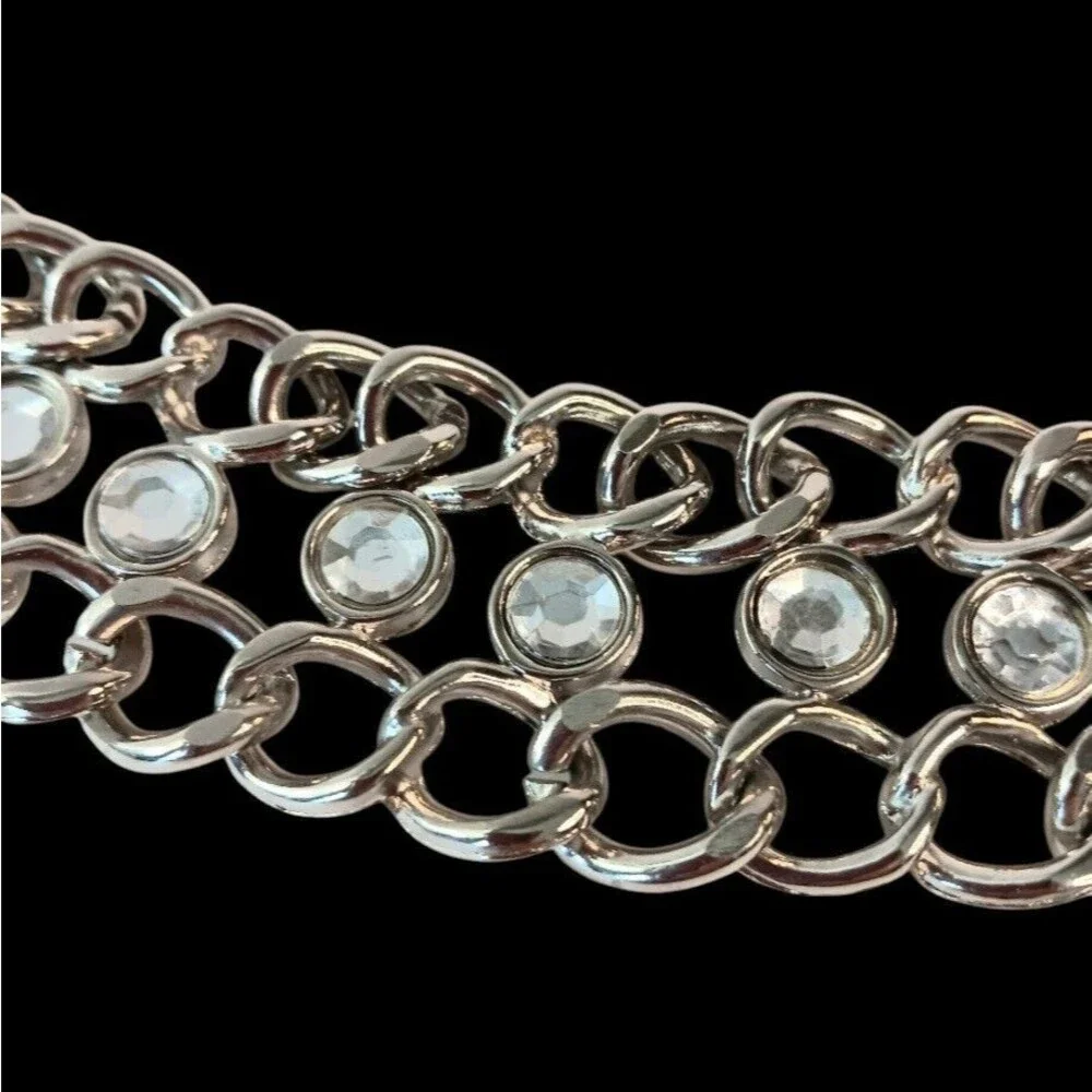 Silver Metal & Rhinestone Chain Link Belt  Adjustable Size Medium 38